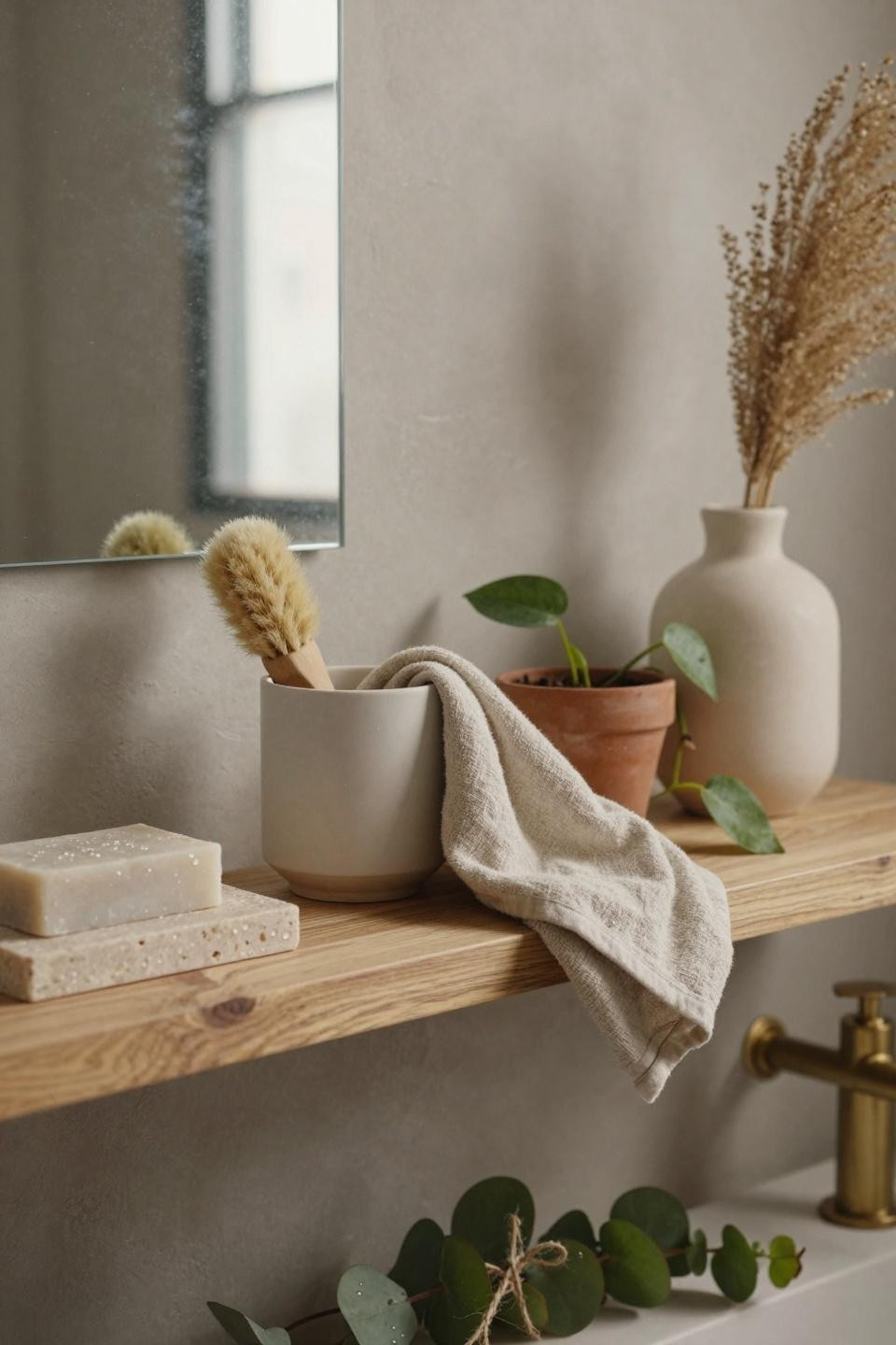 Modern Organic Bathroom - honey oak shelving with ceramic vessels and natural light