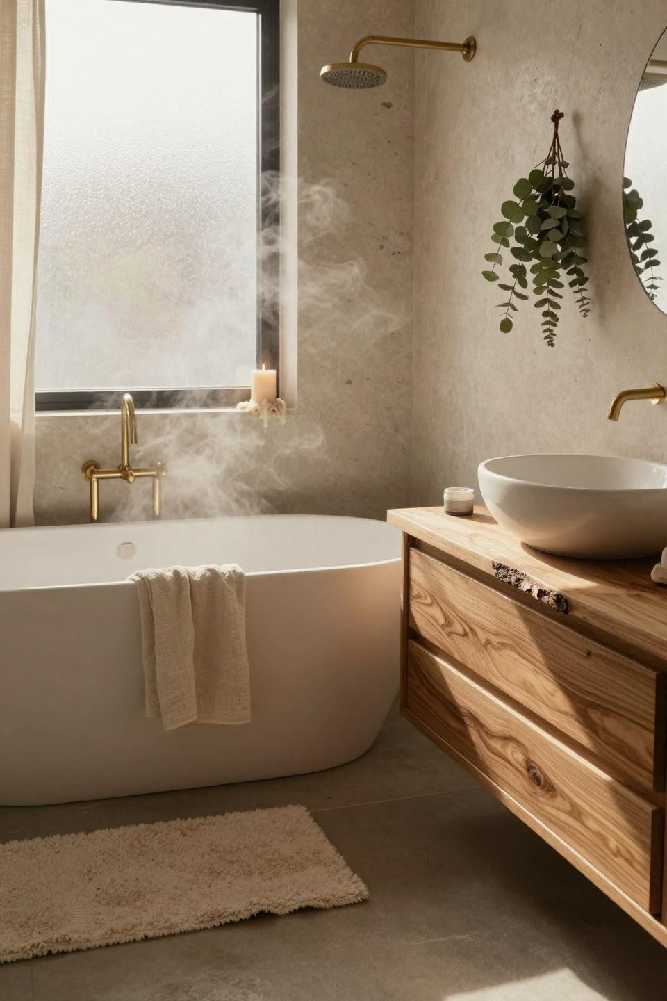 Modern Organic Bathroom - freestanding oak soaking tub with brass fixtures