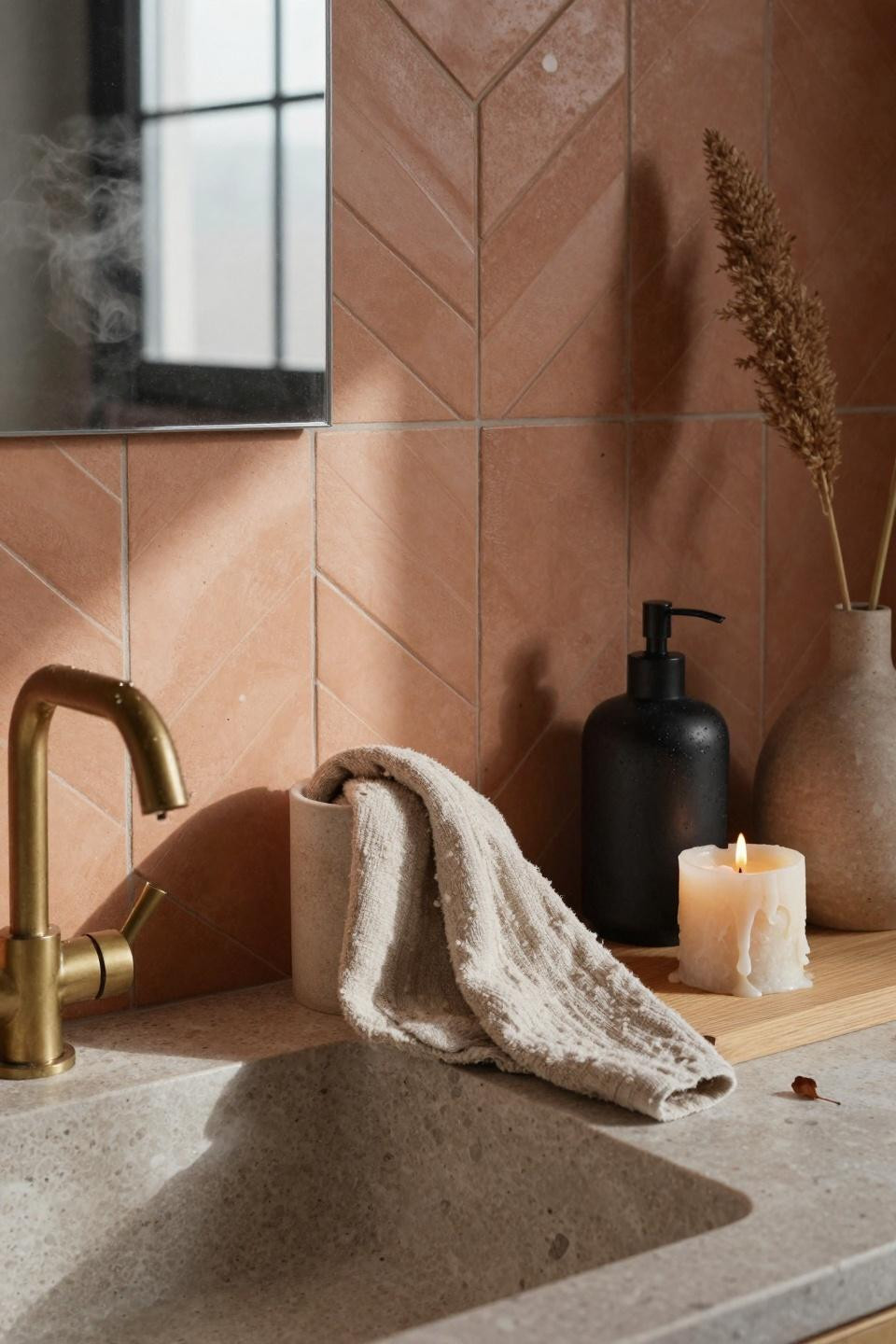 Modern Organic Bathroom - terracotta chevron tile wall with oak floating shelf
