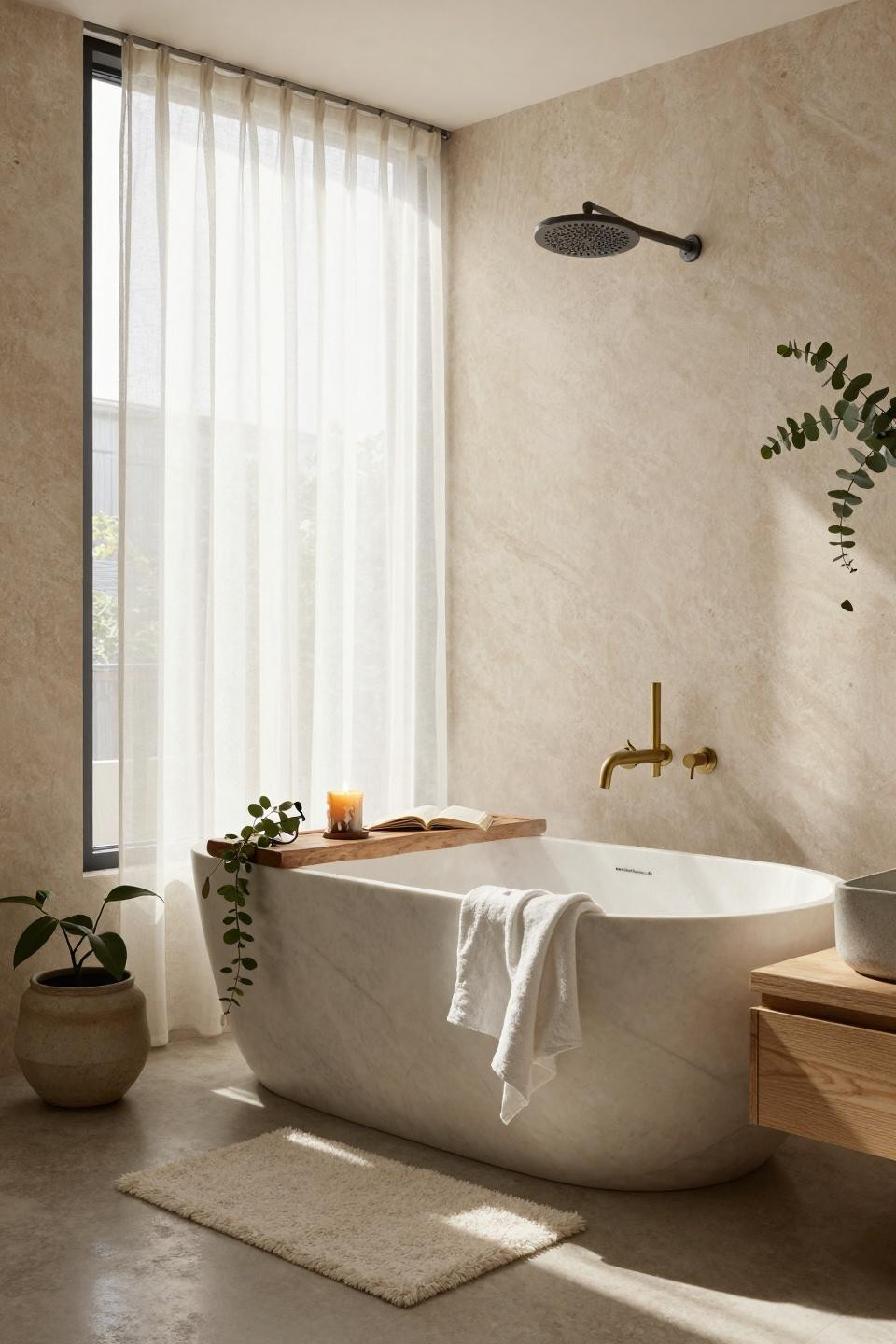Modern Organic Bathroom - steel-framed windows with stone soaking tub and plants