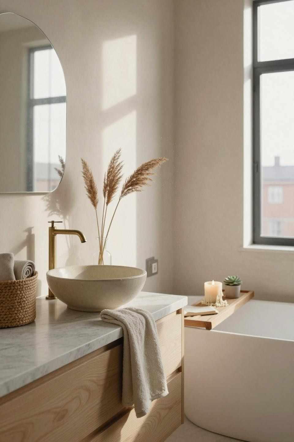 Modern Organic Bathroom - white oak floating vanity with Carrara marble top