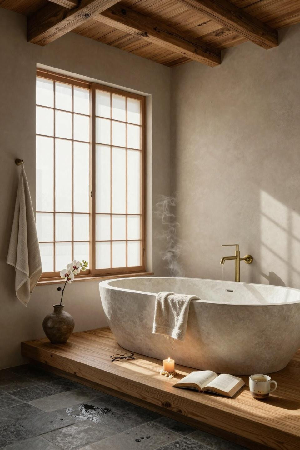Modern Organic Bathroom - shoji panels with sculptural stone tub and timber beams
