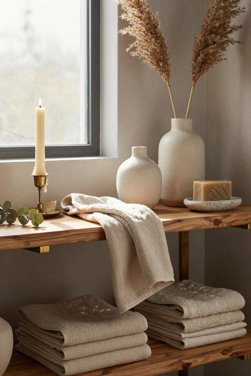 Modern Organic Bathroom - open shelving with ceramic vessels and eucalyptus stems