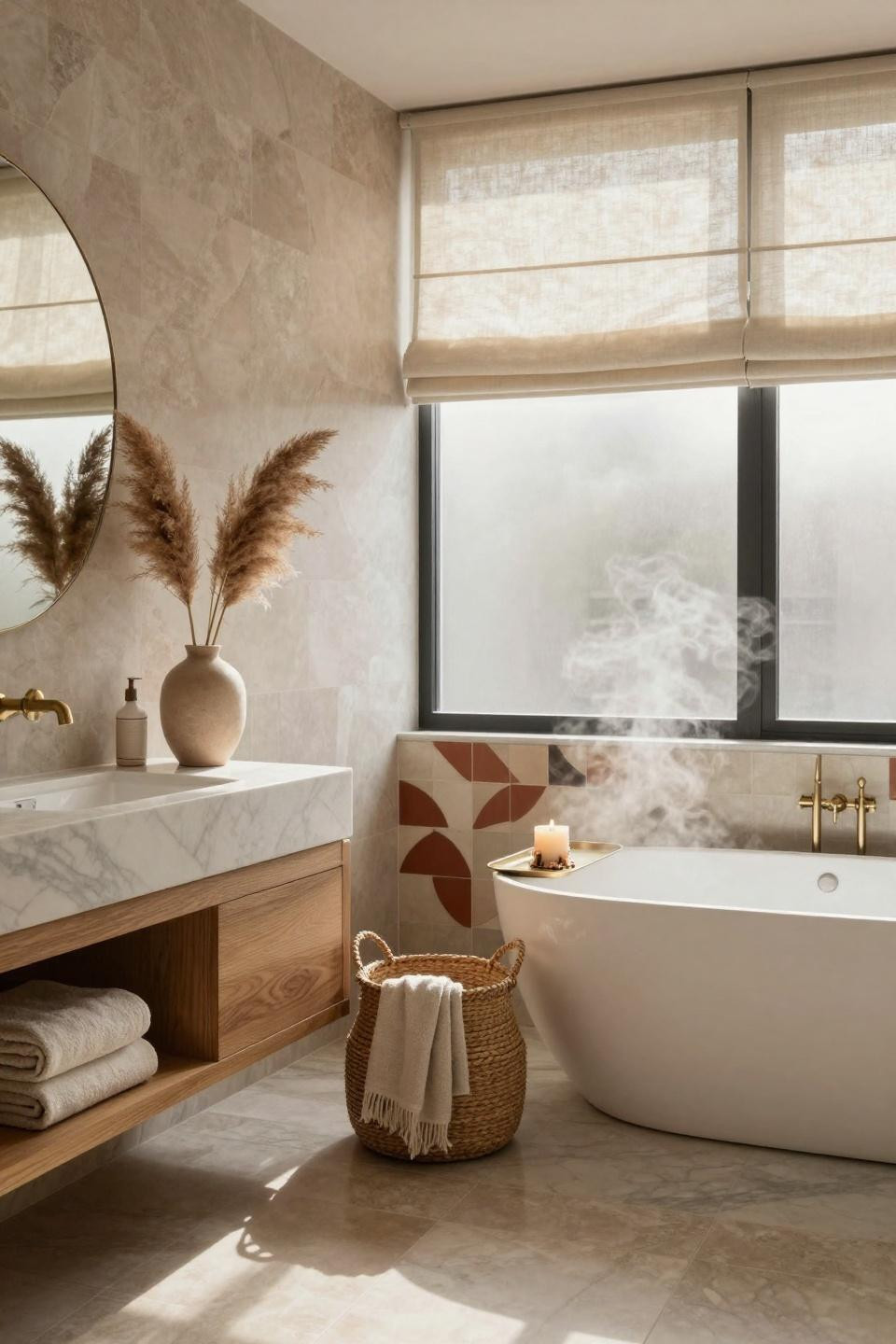 Modern Organic Bathroom - geometric tile accent wall with floating oak vanity