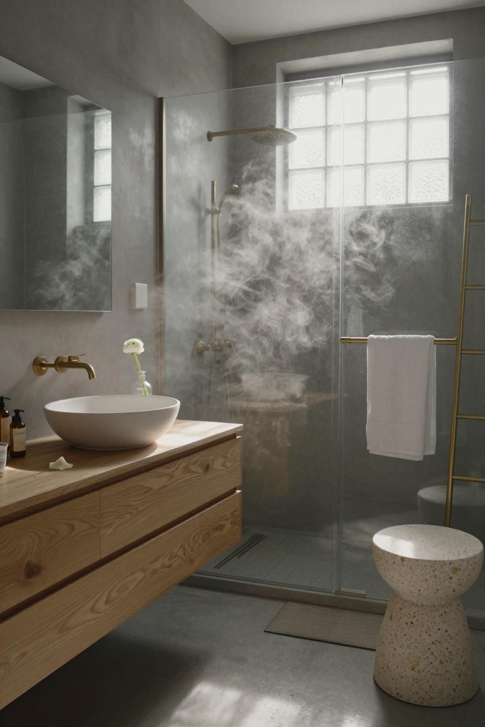 modern bathroom ideas - oak vanity in small modern space