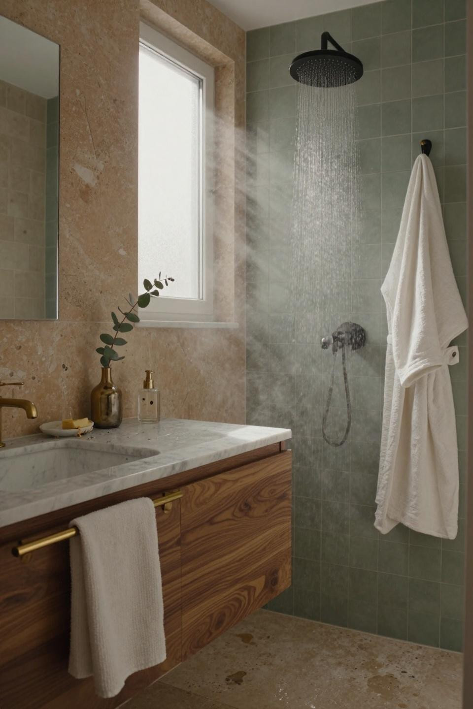 modern bathroom ideas - sage green bathroom with brass details