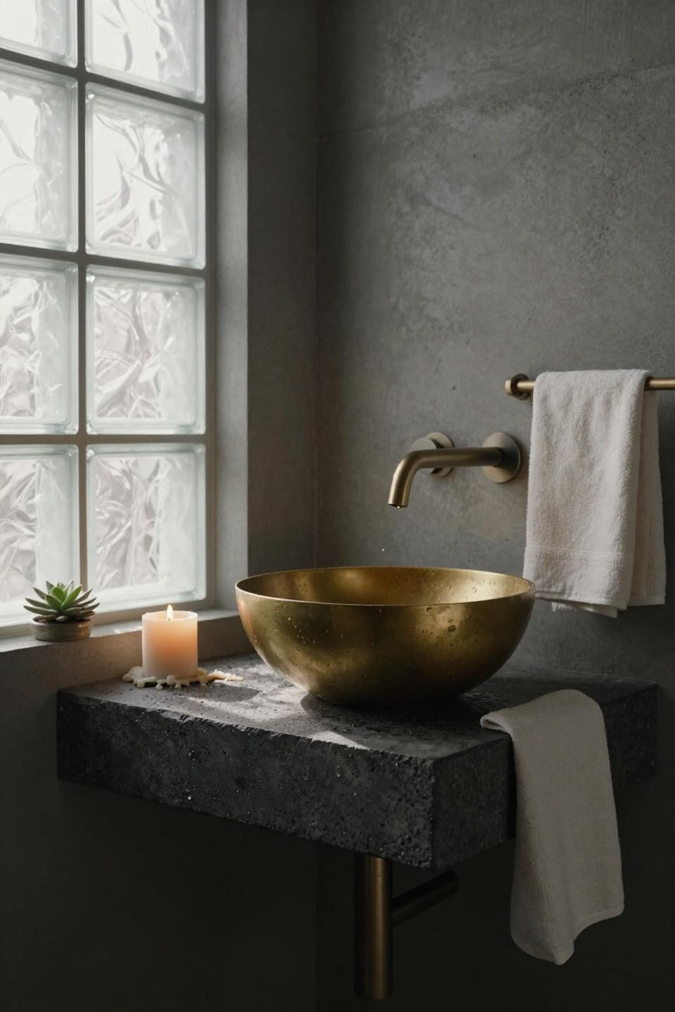 modern bathroom ideas - charcoal concrete with brass vessel sink