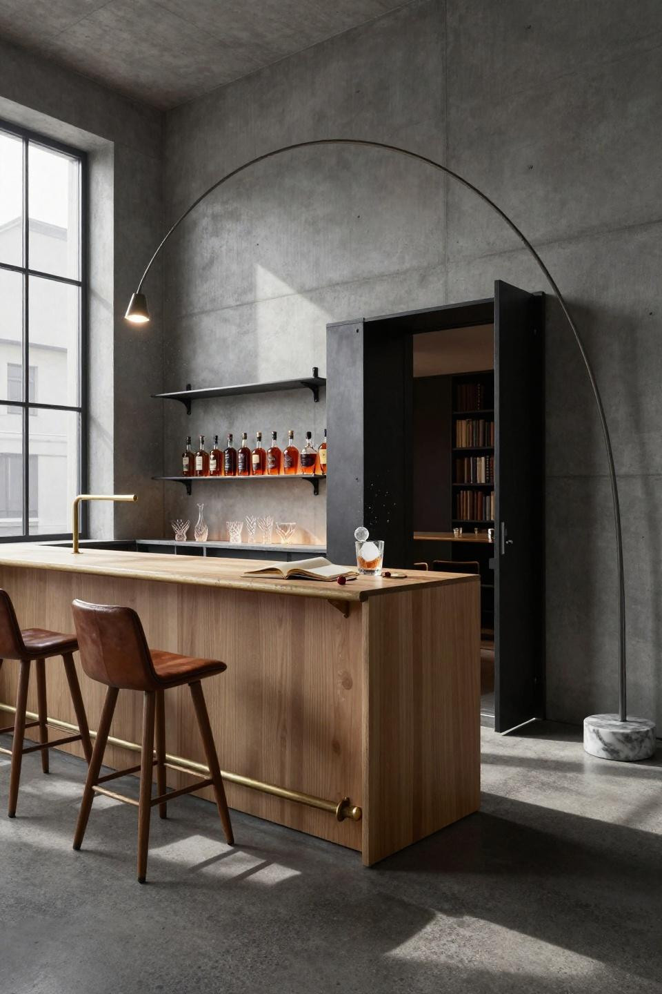 Speakeasy room ideas with minimalist concrete and white oak bar