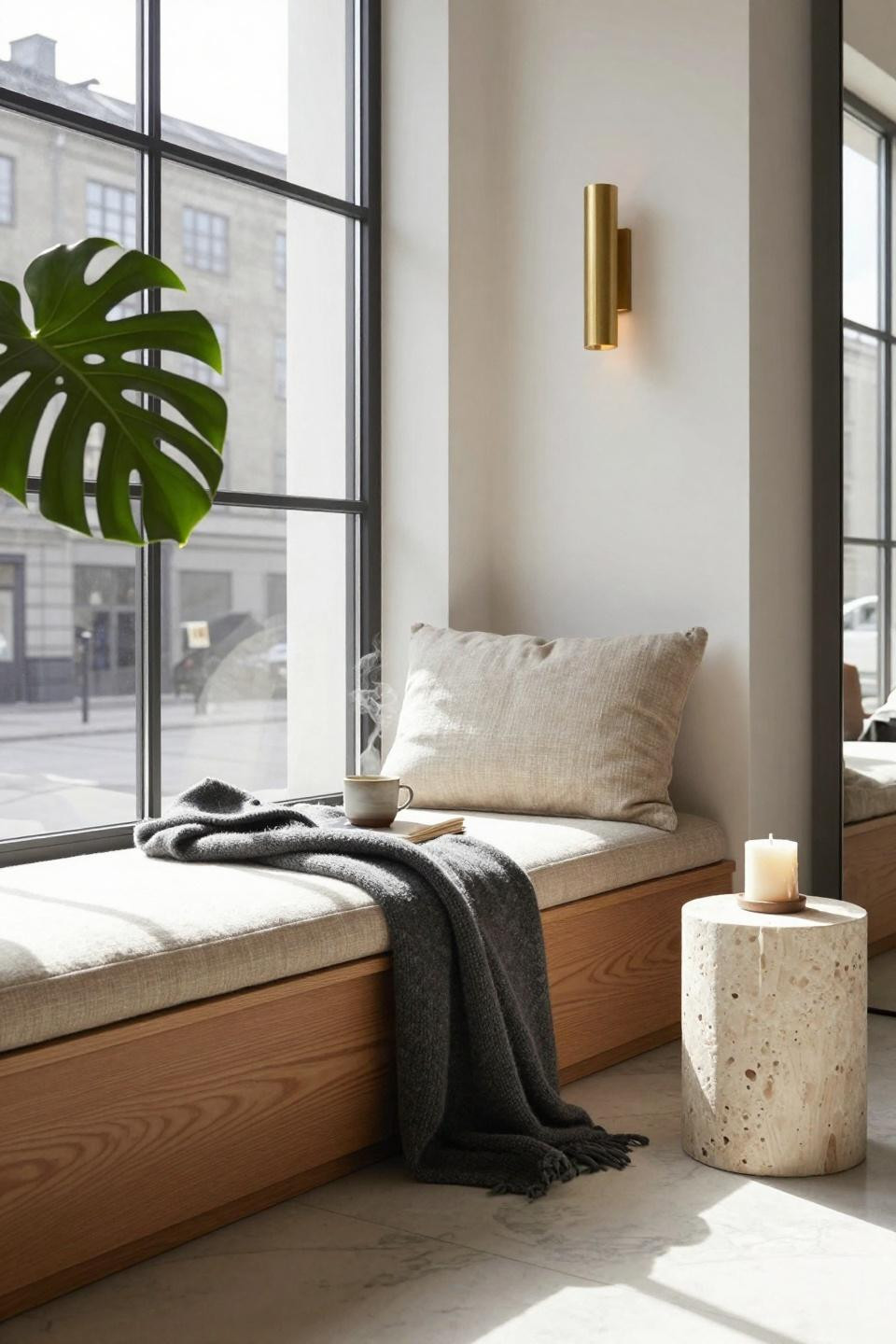 Window Sitting Ideas - modern window seat with marble and brass