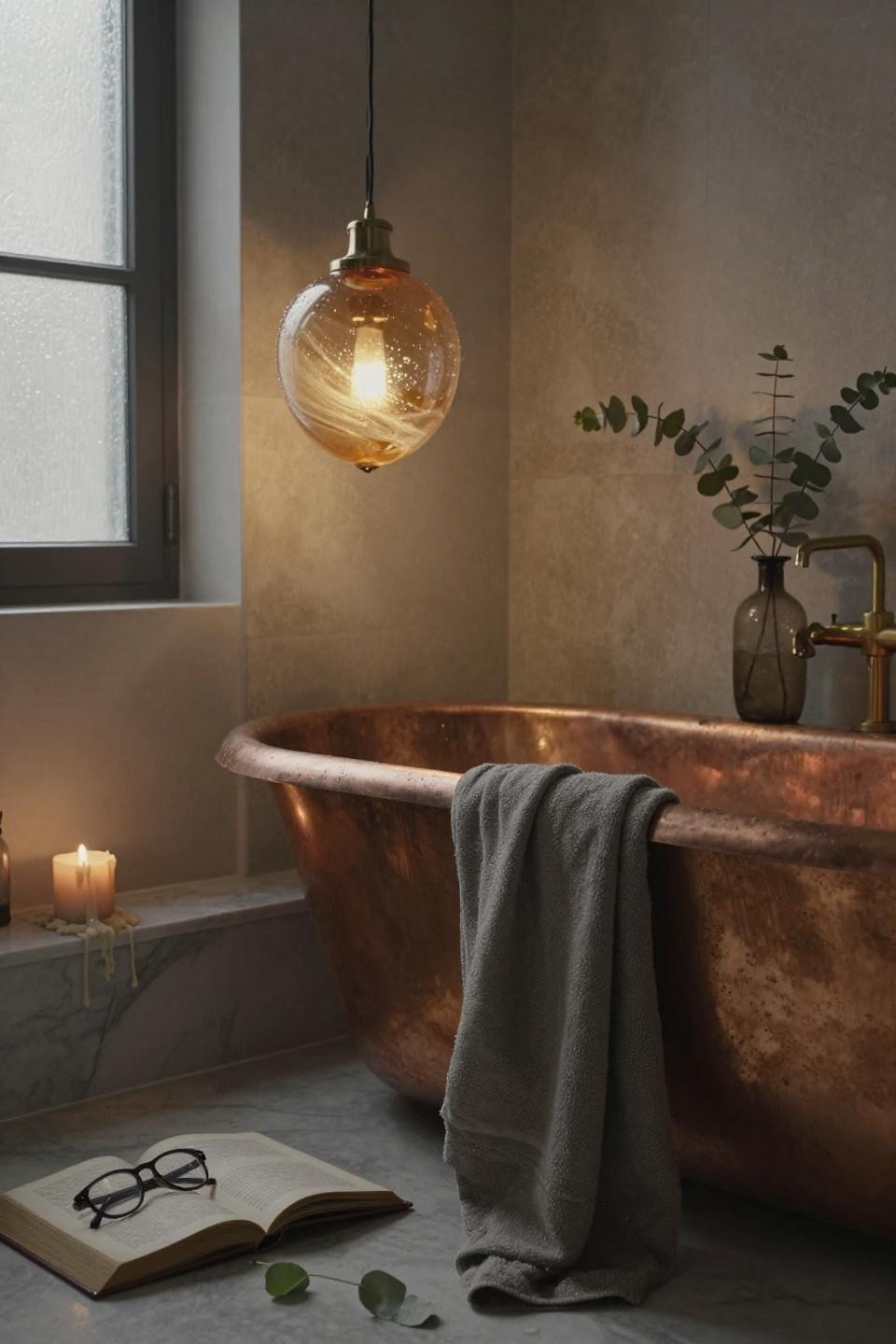 Bathroom ideas with statement lighting and vintage brass
