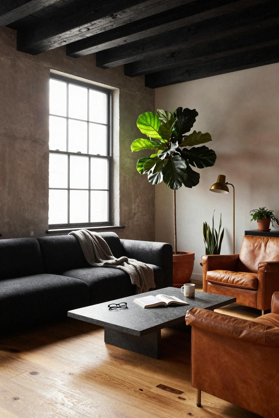 Moody organic modern living room with fiddle leaf fig and organic layers