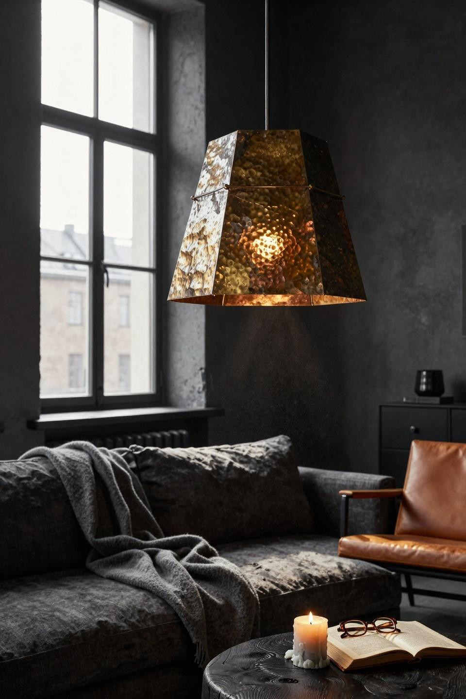 Moody organic modern living room featuring sculptural bronze pendant light