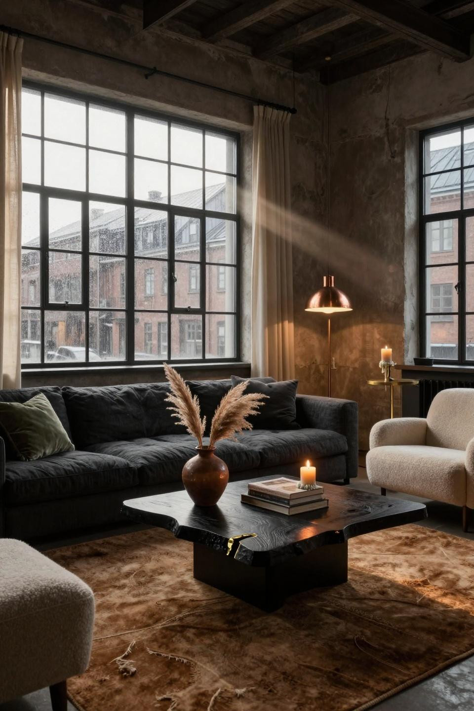 Moody organic modern living room with charcoal sectional and walnut coffee table
