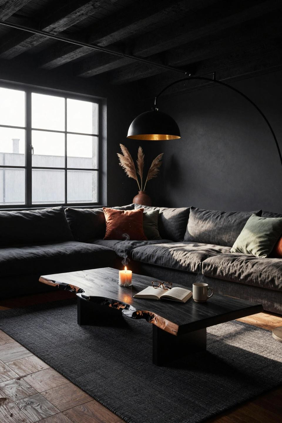 Moody organic modern living room overhead view showing sectional layout