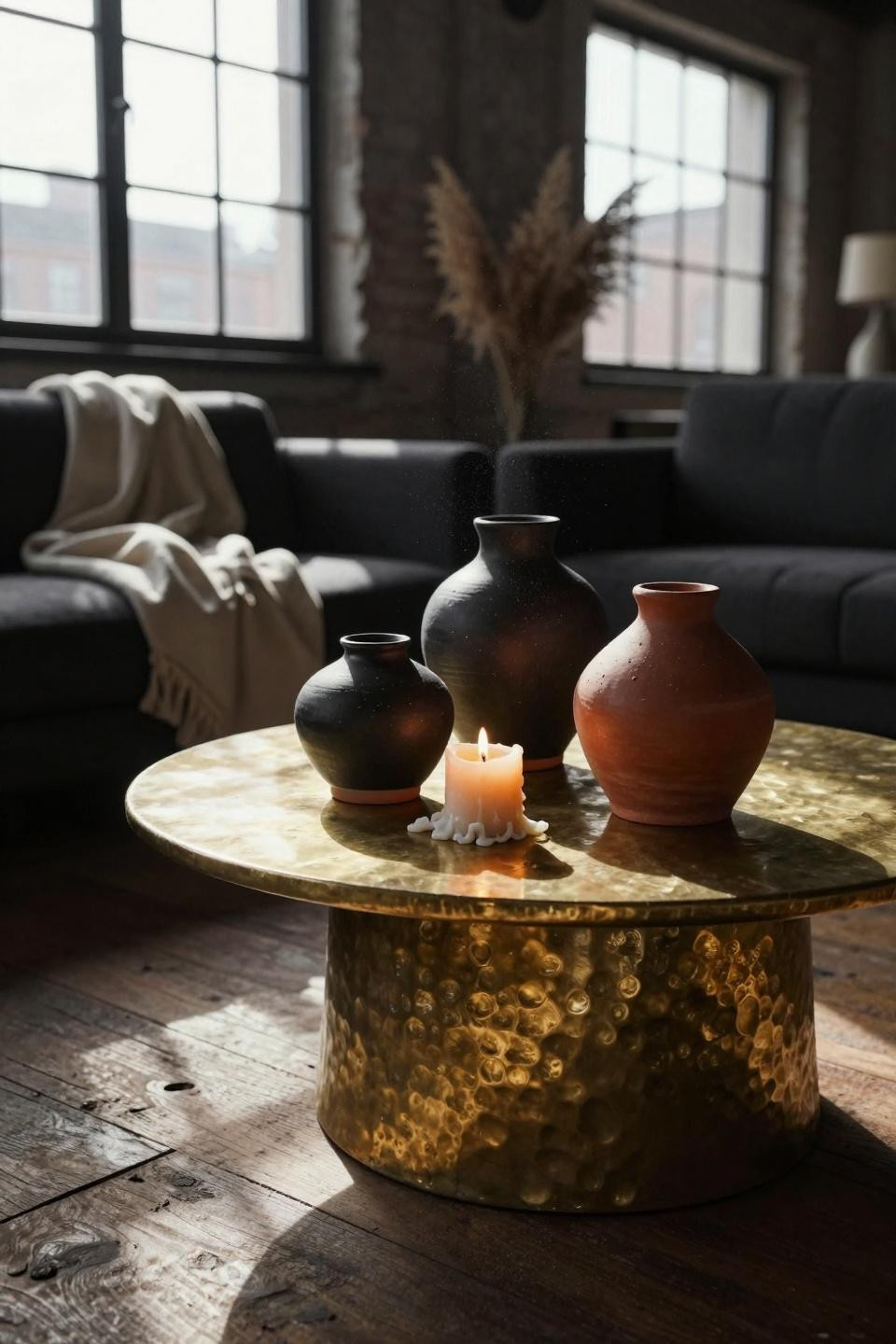 Moody organic modern living room closeup of brass and ceramic details