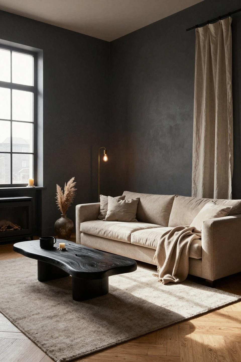 Moody organic modern living room with white oak herringbone and casual styling