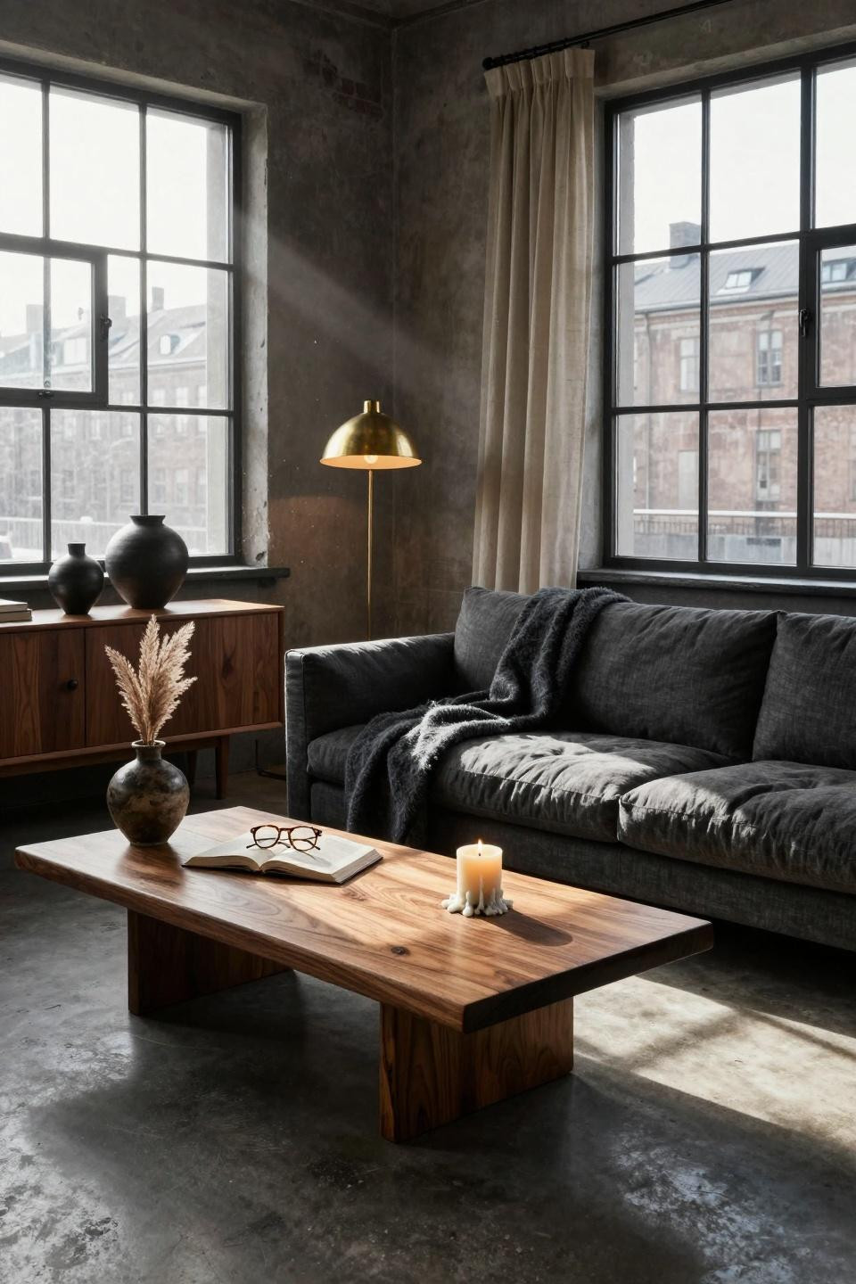 Moody organic modern living room with steel-framed industrial windows