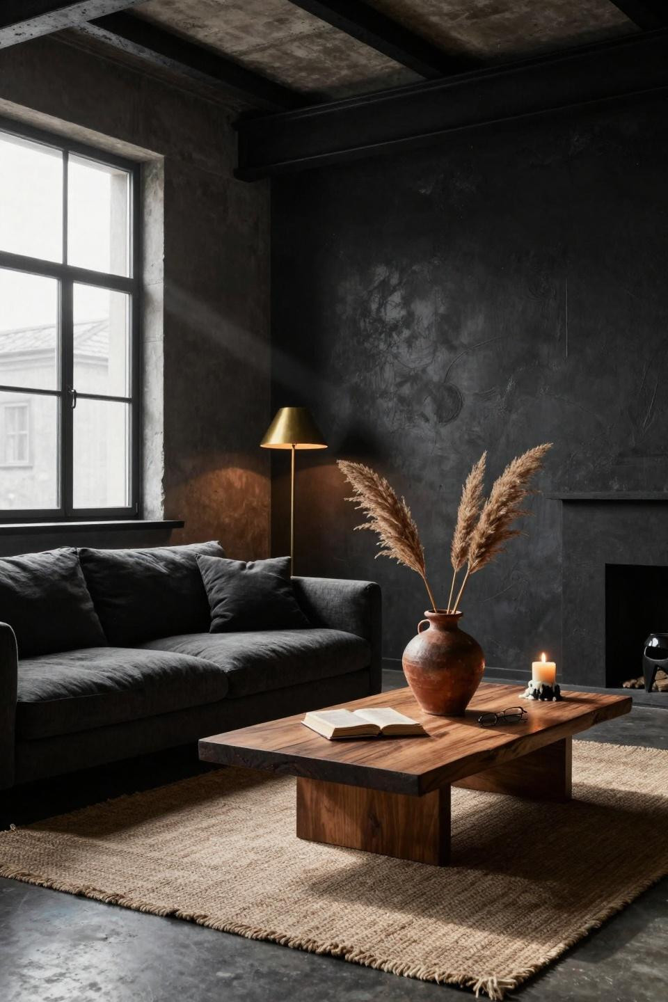 Moody organic modern living room layering charcoal and rust tones
