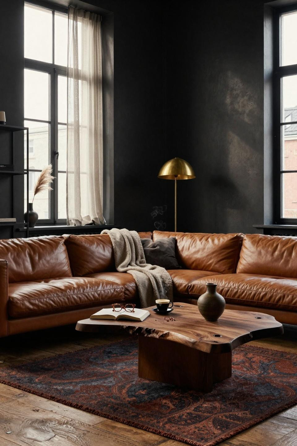 Moody organic modern living room centered on walnut live edge coffee table
