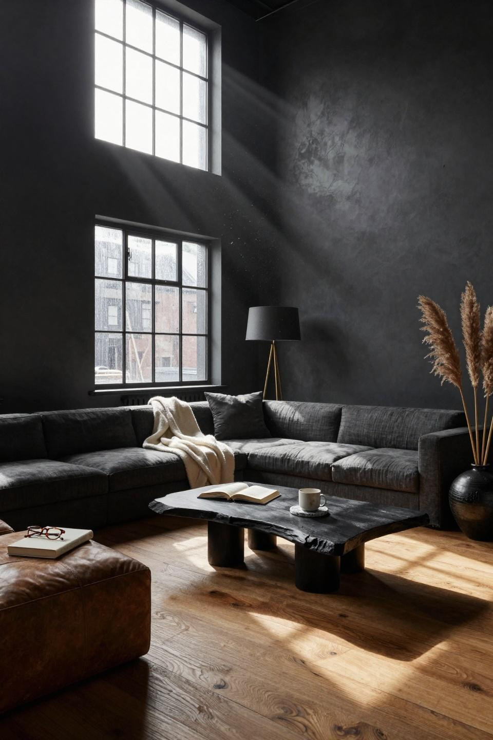 Moody organic modern living room with high ceilings and low-profile sectional