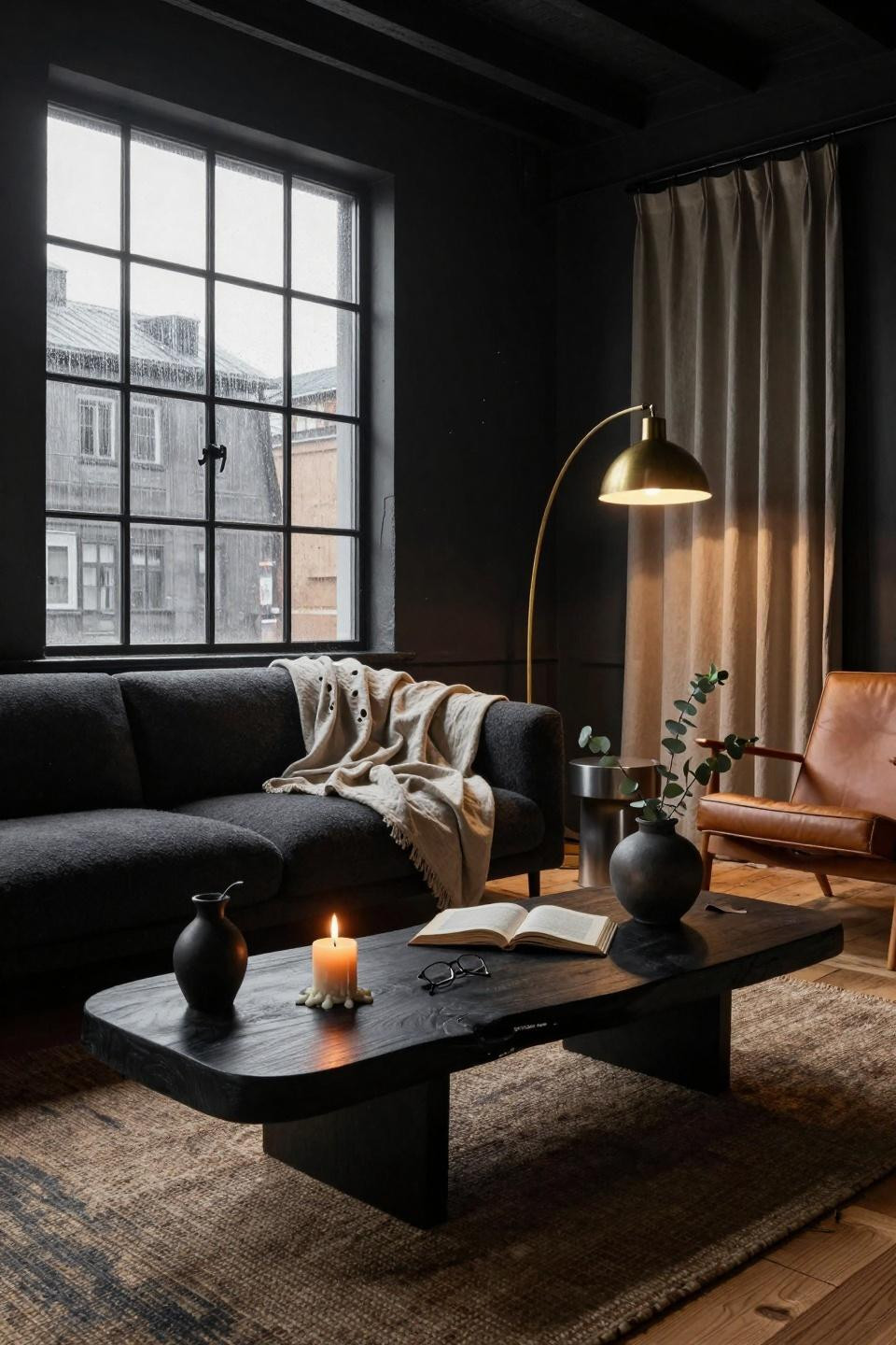 Moody organic modern living room with rain-streaked windows and dark wood