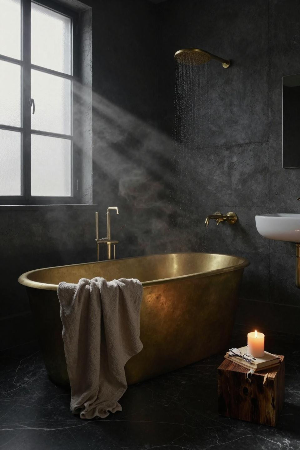 Bathroom ideas with dark concrete and brass fixtures