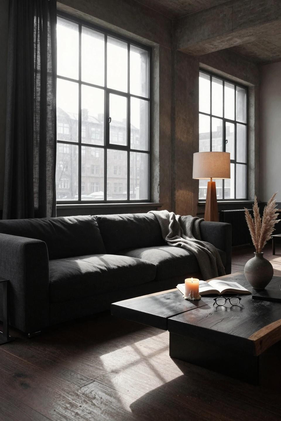 Moody Scandinavian living room with minimal palette and winter light