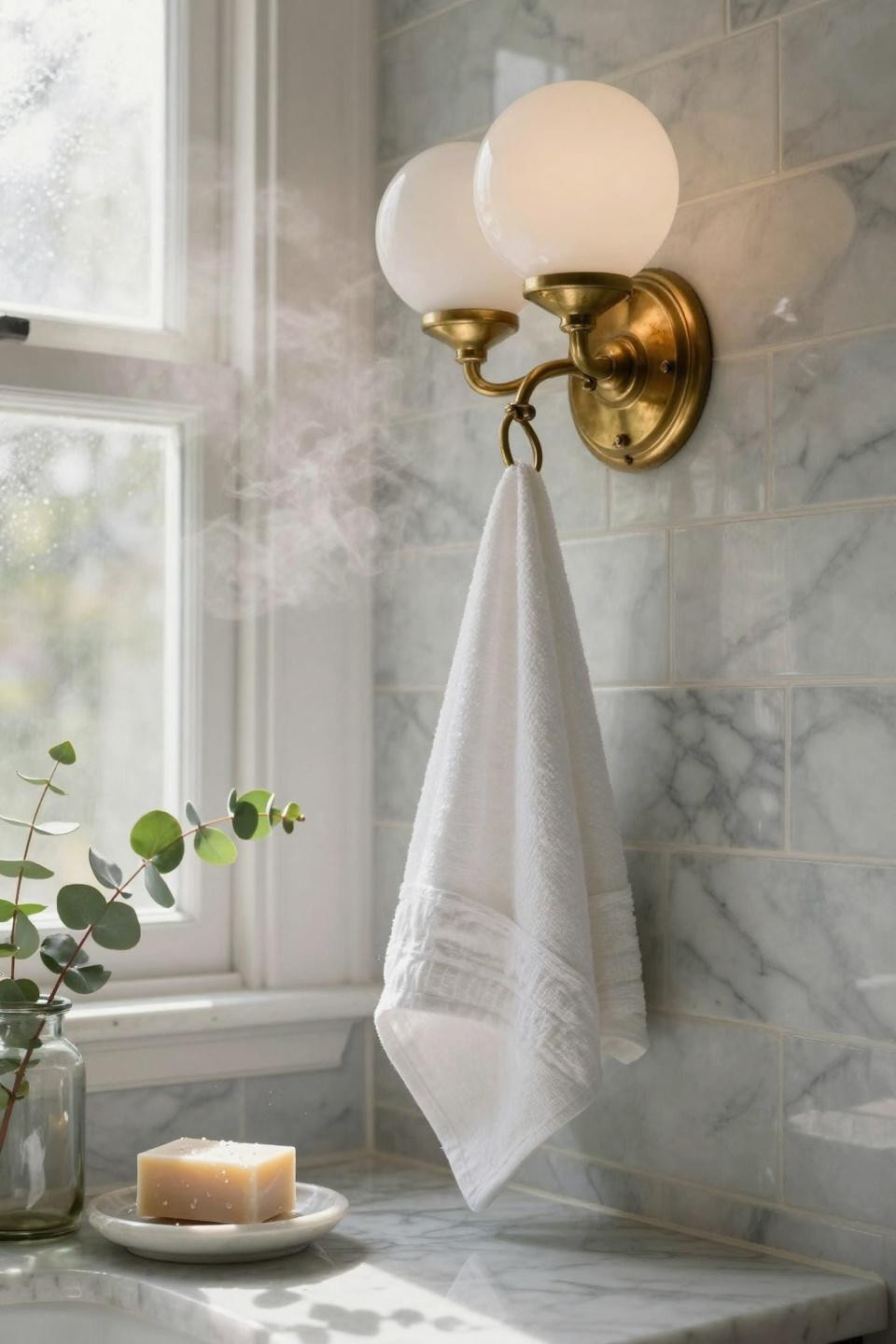 Nancy Meyers Interiors bathroom with brass fixtures