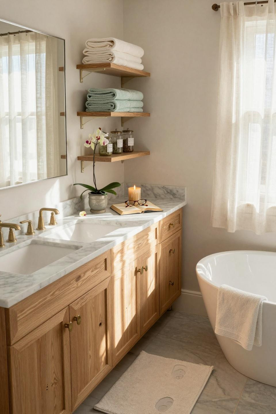 Nancy Meyers Interiors bathroom with marble counters