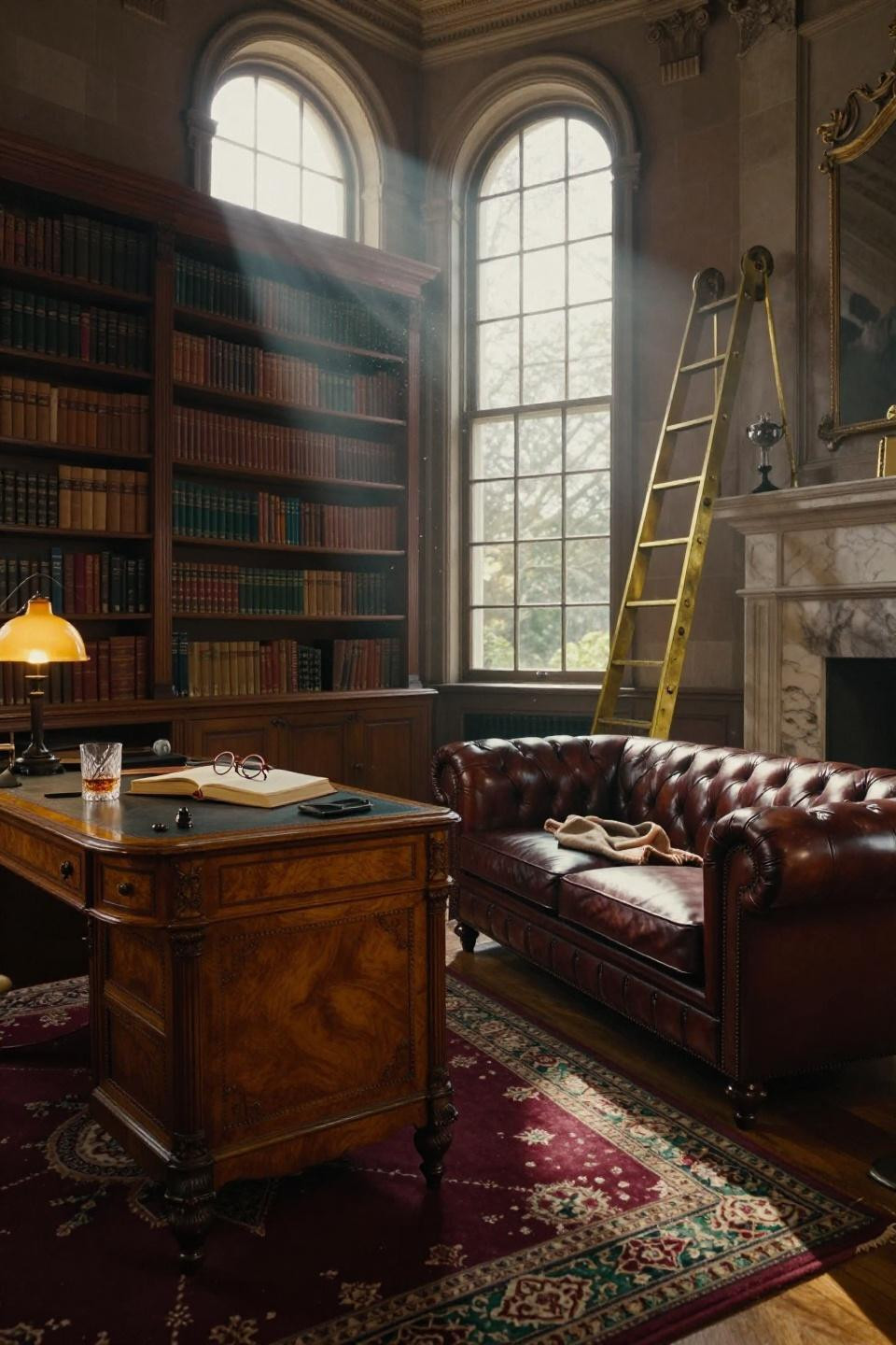 Mansion Aesthetic - walnut library with brass ladder and leather desk