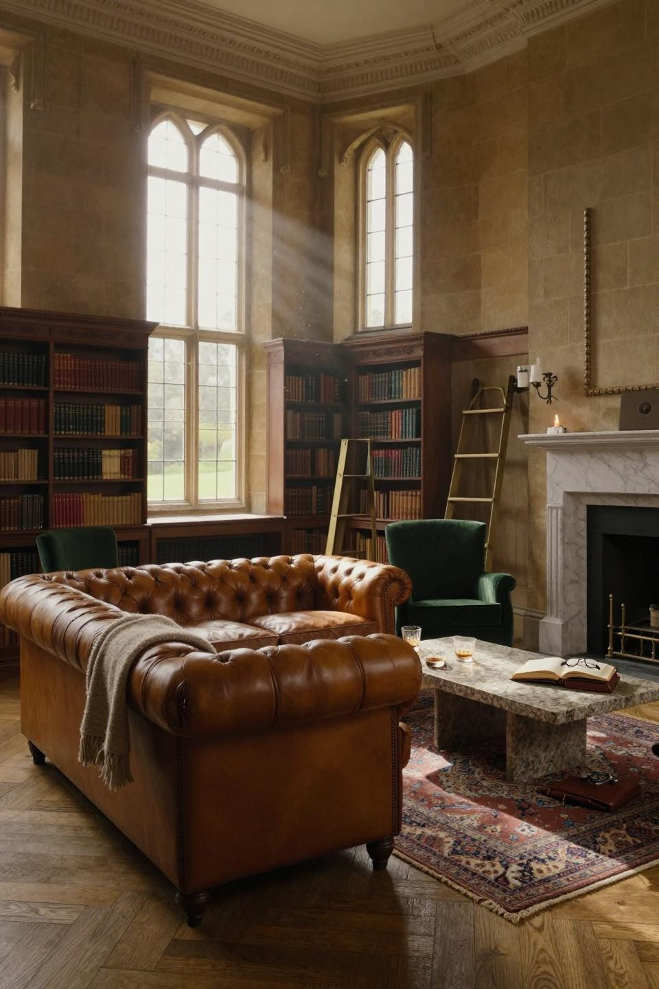 Mansion Aesthetic - double-height library with leather sofa and fireplace