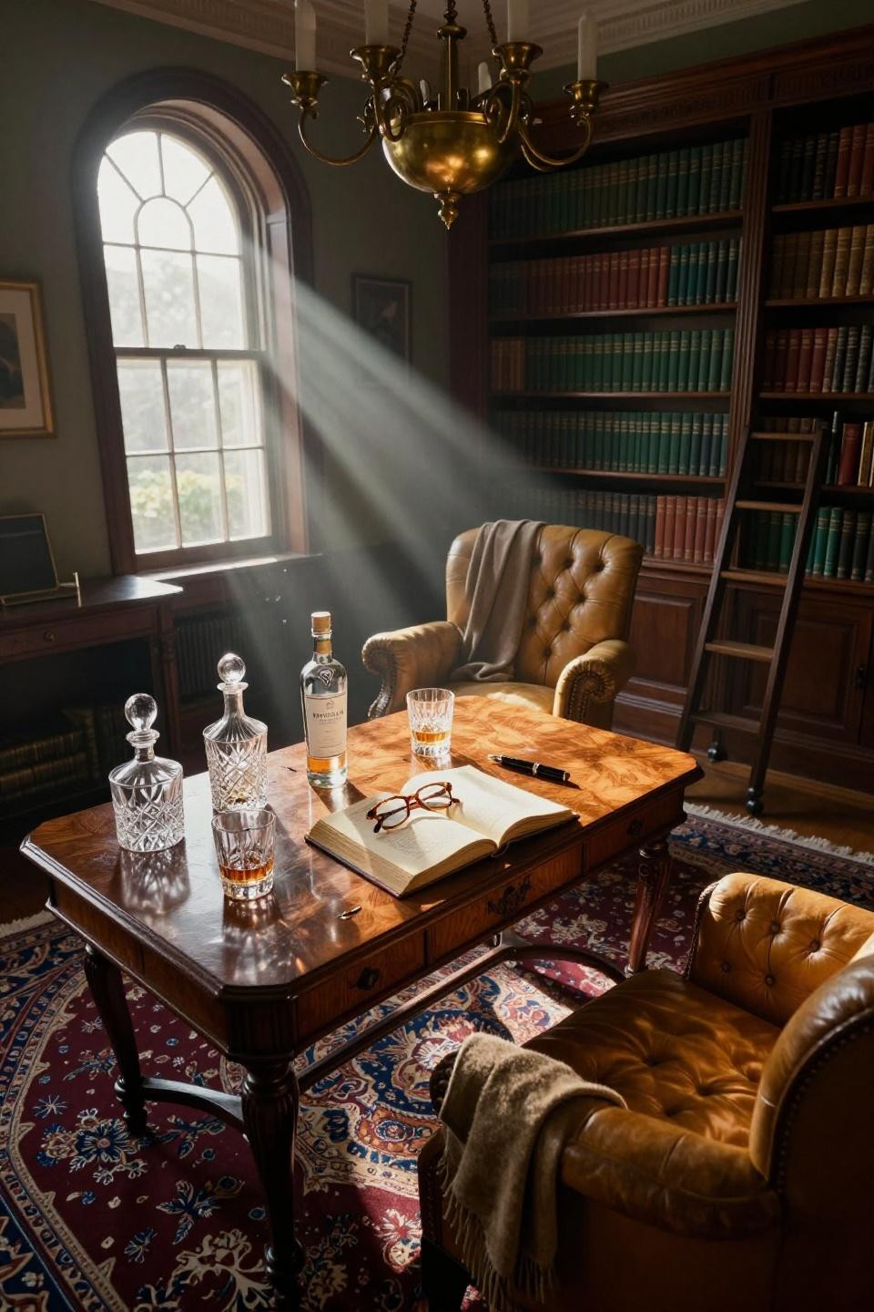 Mansion Aesthetic - library table with crystal decanters and open books