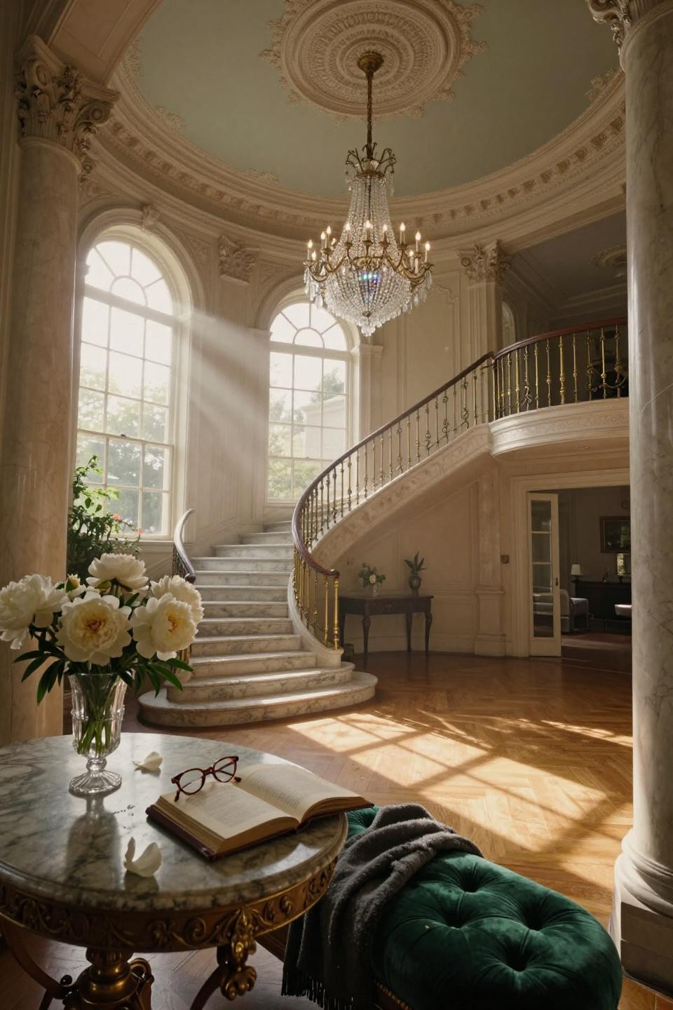 Mansion Aesthetic - double-height foyer with curved marble staircase