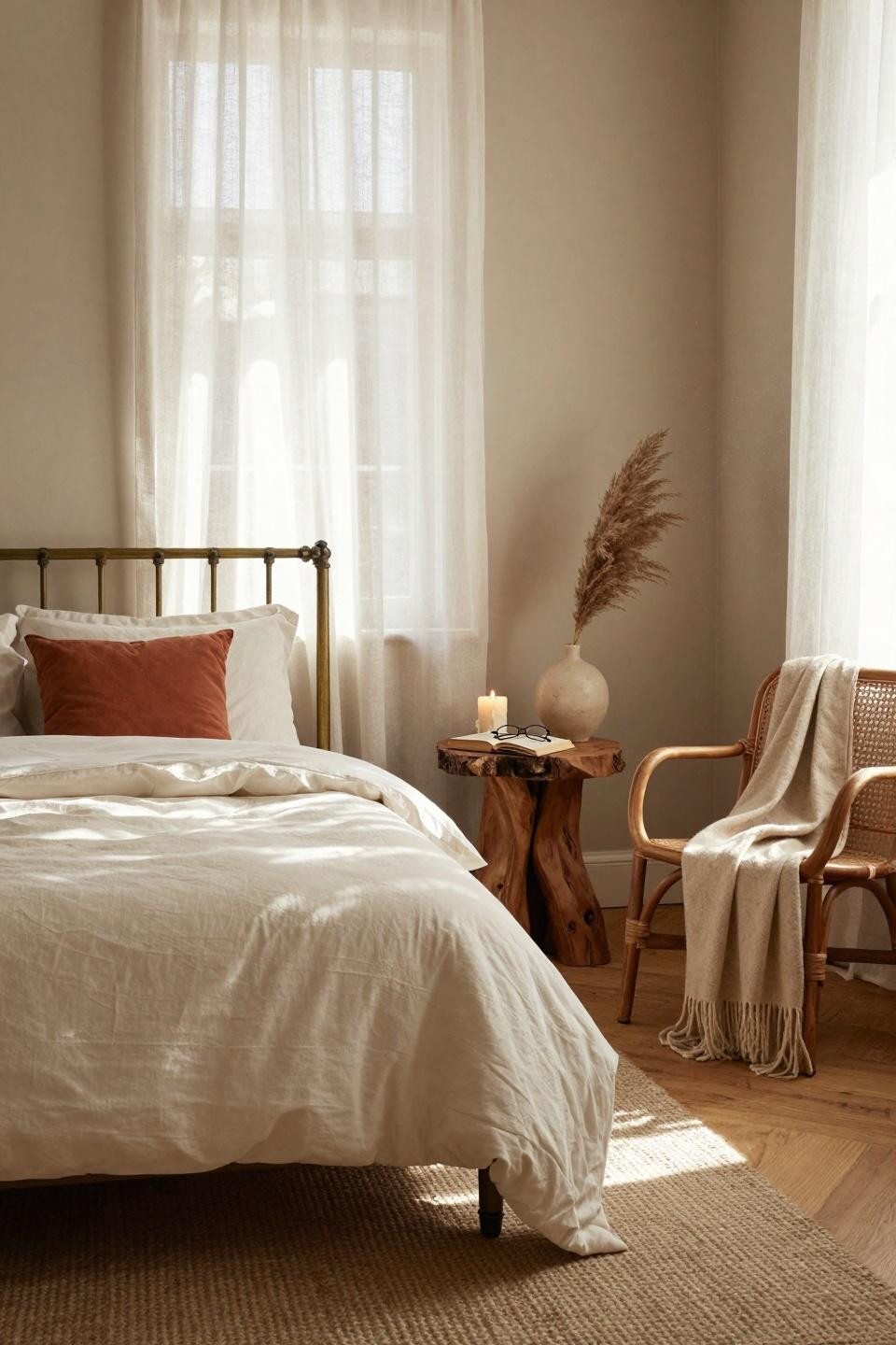 Organic Modern Bedroom guest room with brass bed frame