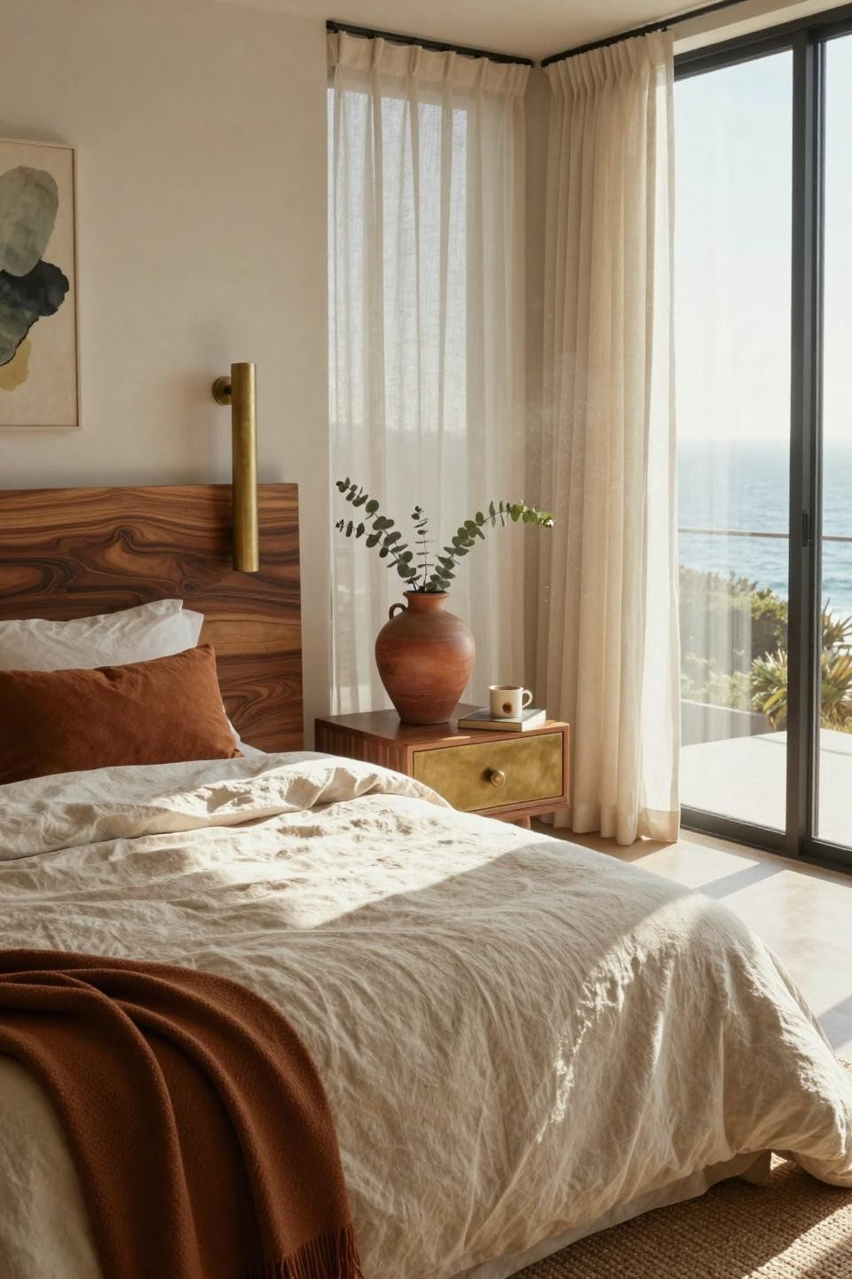 Organic Modern Bedroom with live-edge walnut headboard