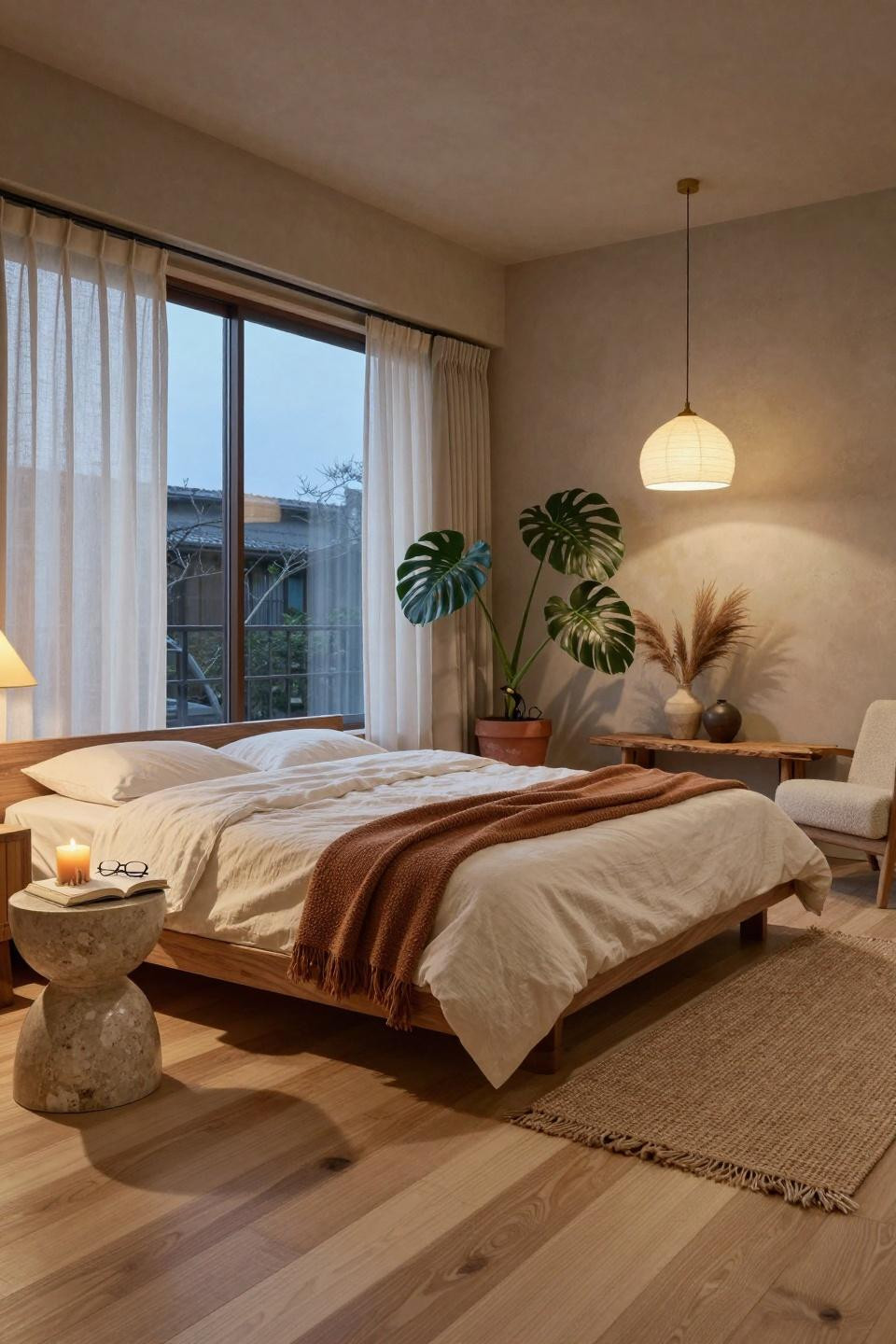 Organic Modern Bedroom with shoji screens and walnut bed