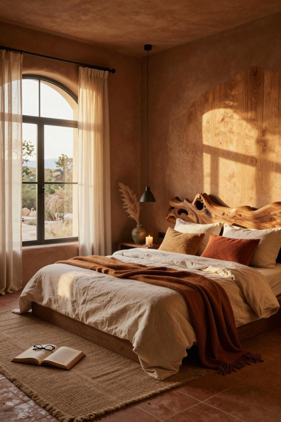 Organic Modern Bedroom with terracotta walls and burl wood