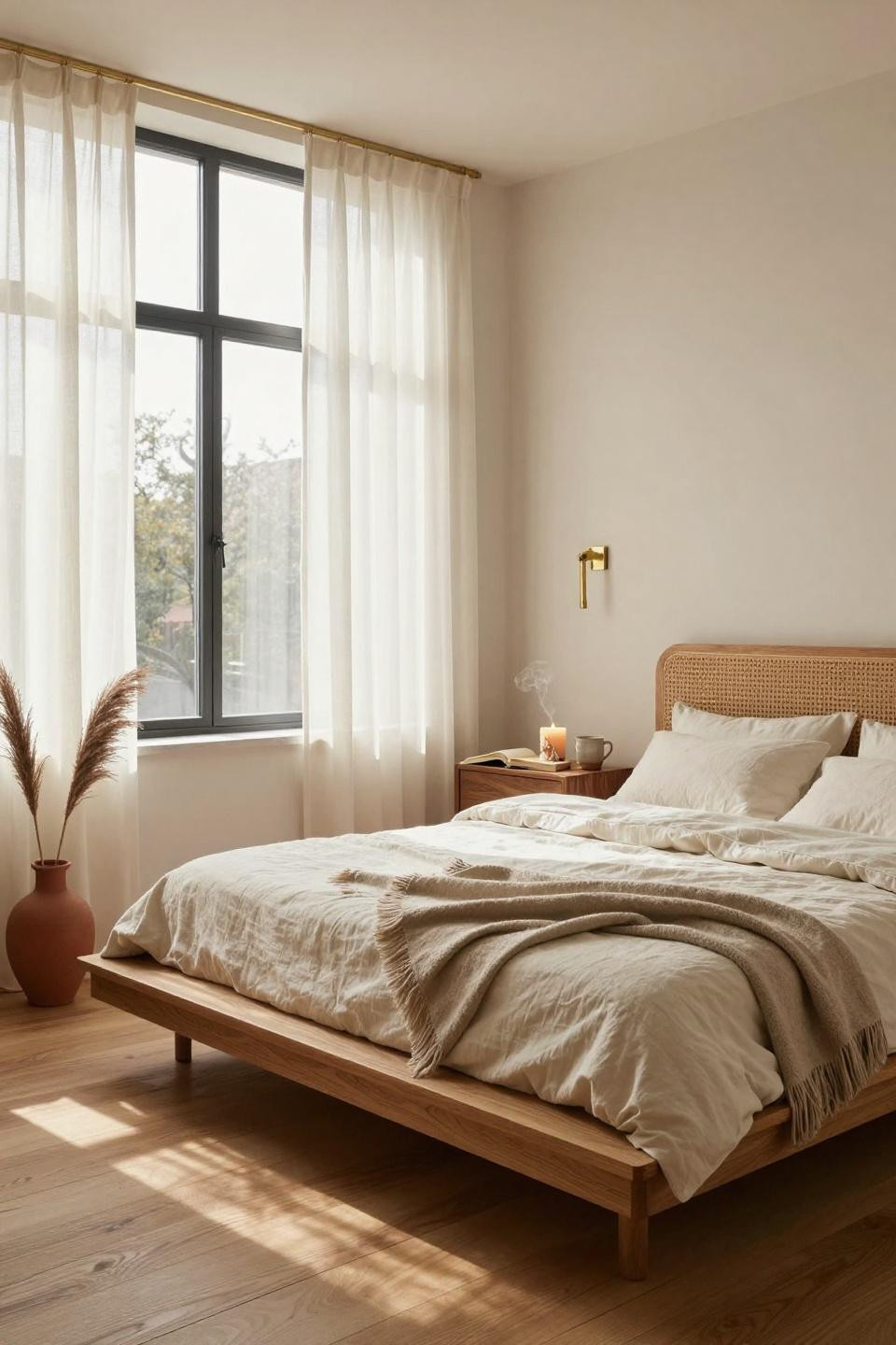 Organic Modern Bedroom with steel-framed windows and oak bed