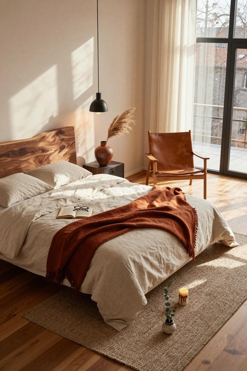 Organic Modern Bedroom overhead view with walnut headboard