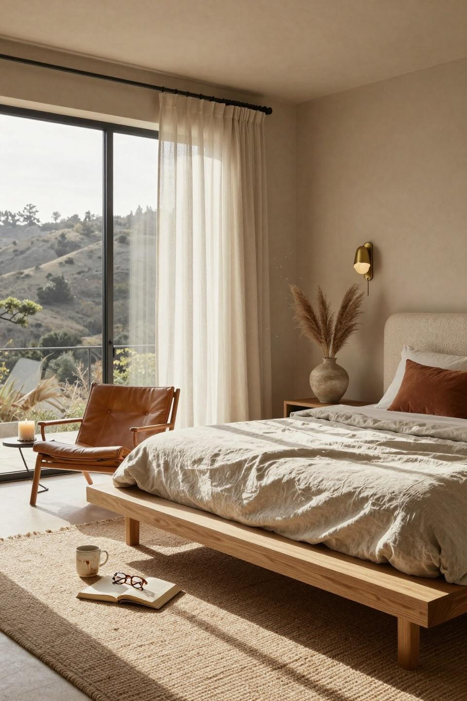Organic Modern Bedroom with leather chair and oak platform bed