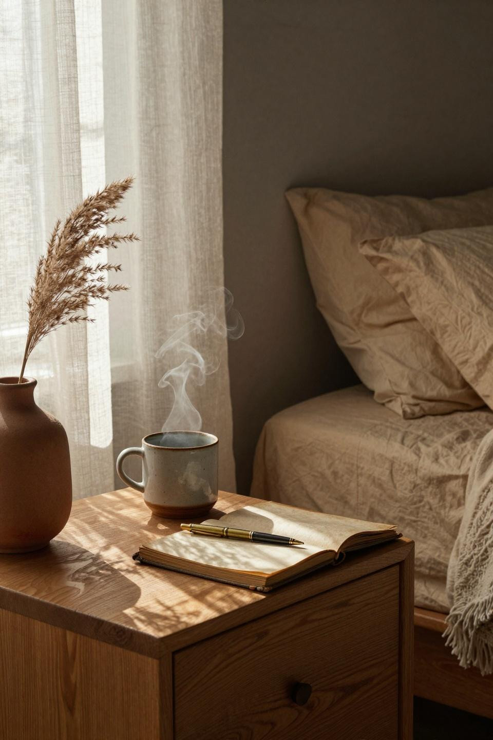 Organic Modern Bedroom nightstand detail with ceramic mug