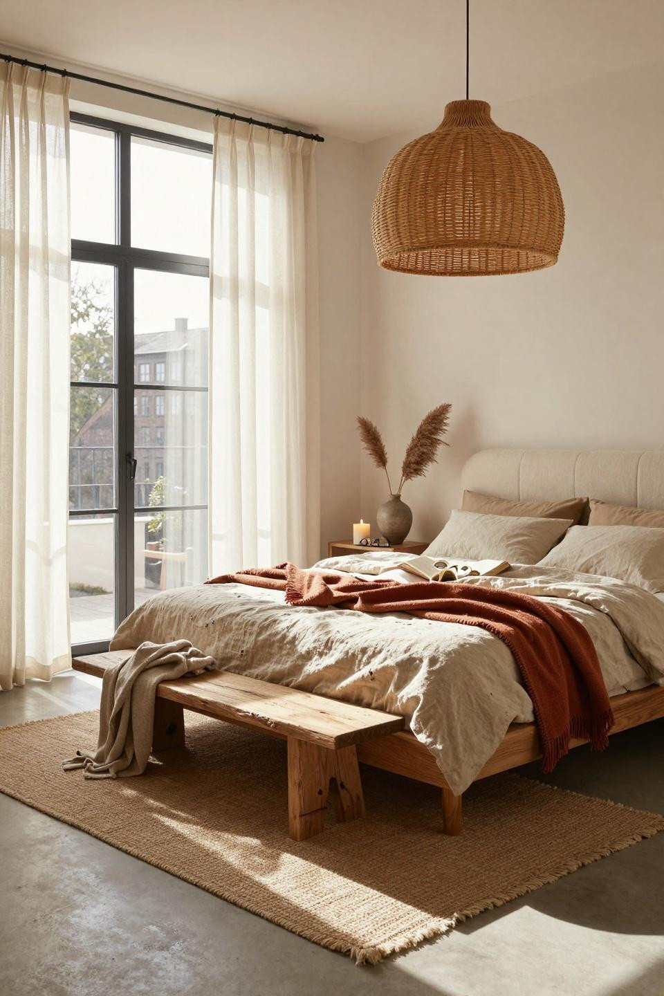 Organic Modern Bedroom with concrete floor and oak bed