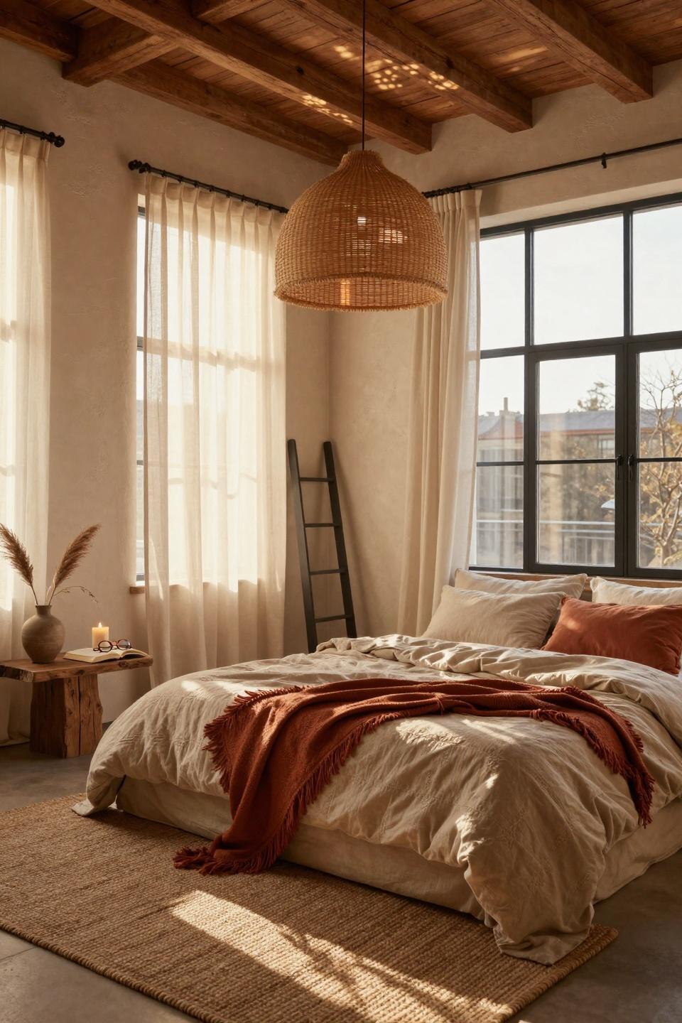 Organic Modern Bedroom with rattan pendant and jute rug