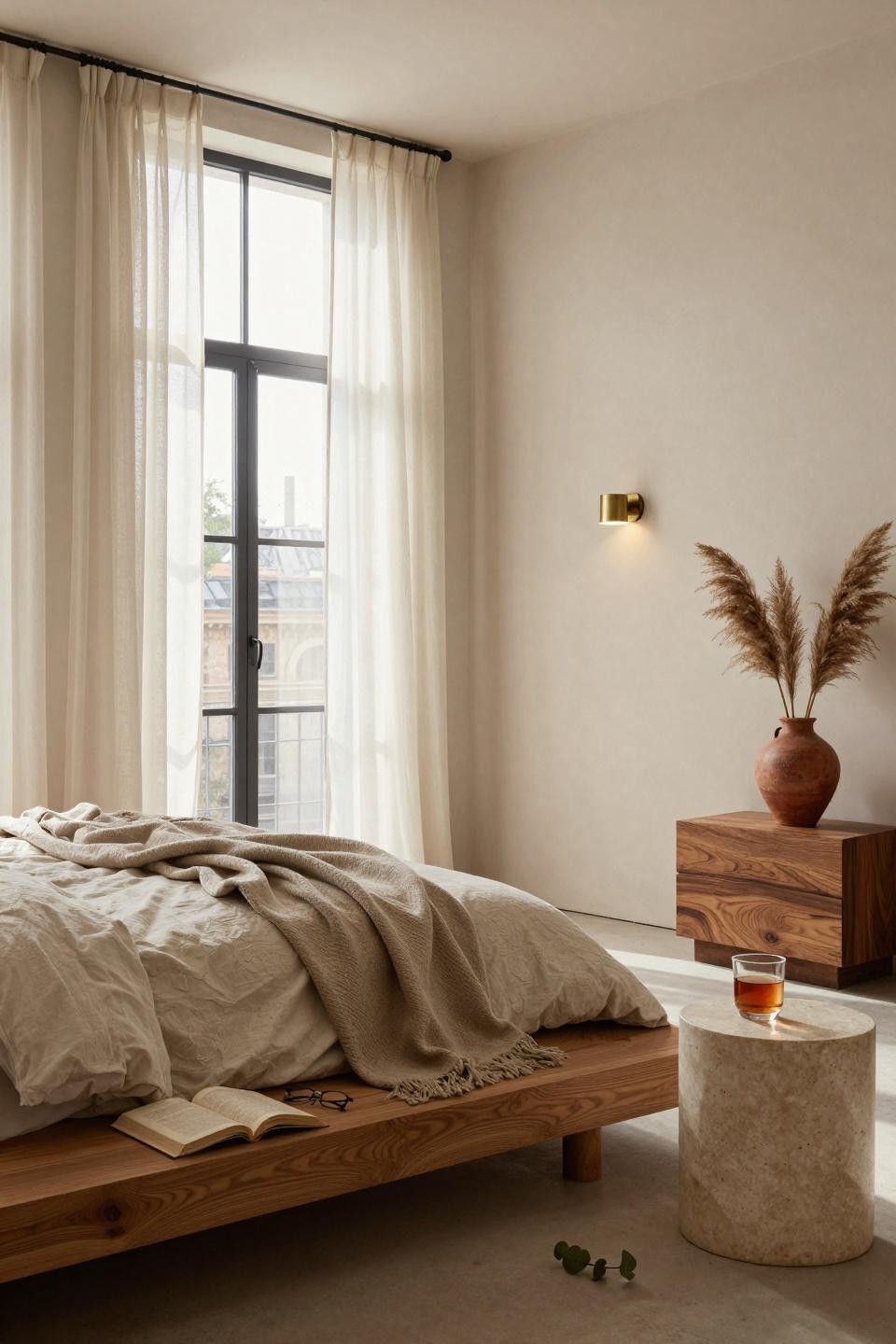 Organic Modern Bedroom with oak bed and plaster walls