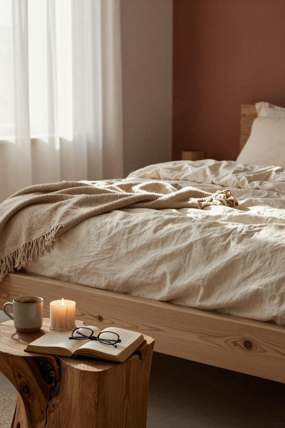 Organic Modern Bedroom detail of wood grain and linen