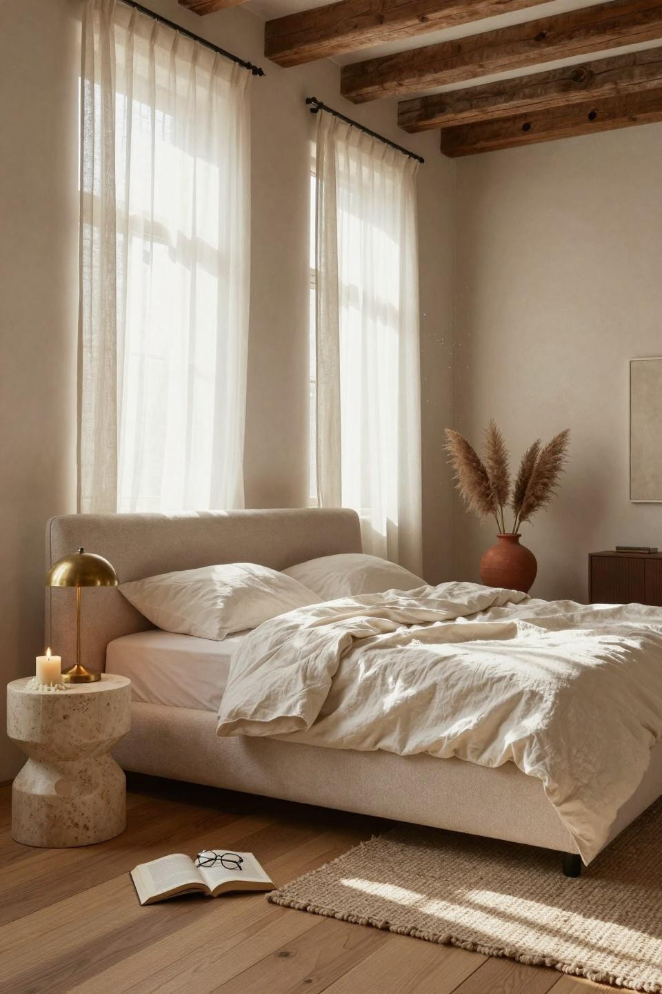 Organic Modern Bedroom corner with travertine side table