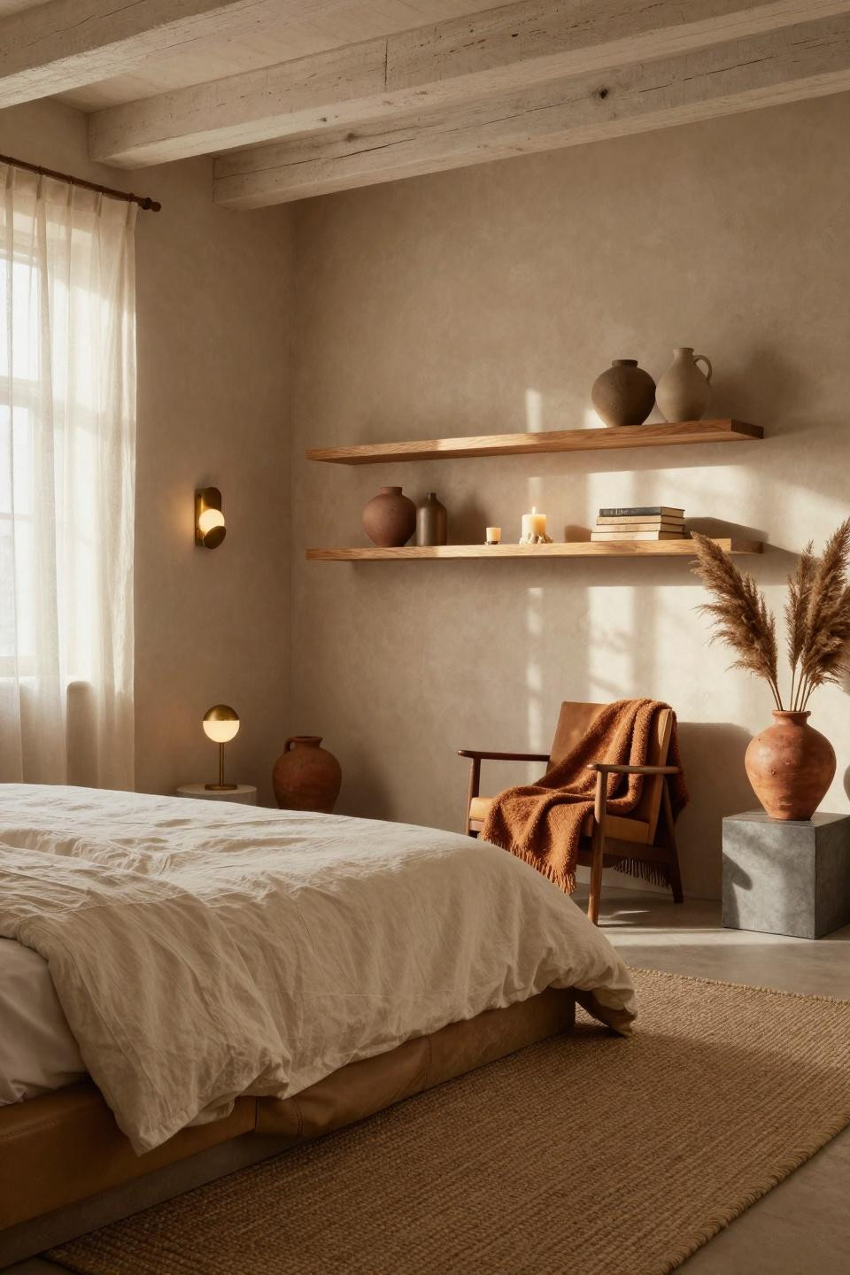 Organic Modern Bedroom loft with exposed beams and leather chair