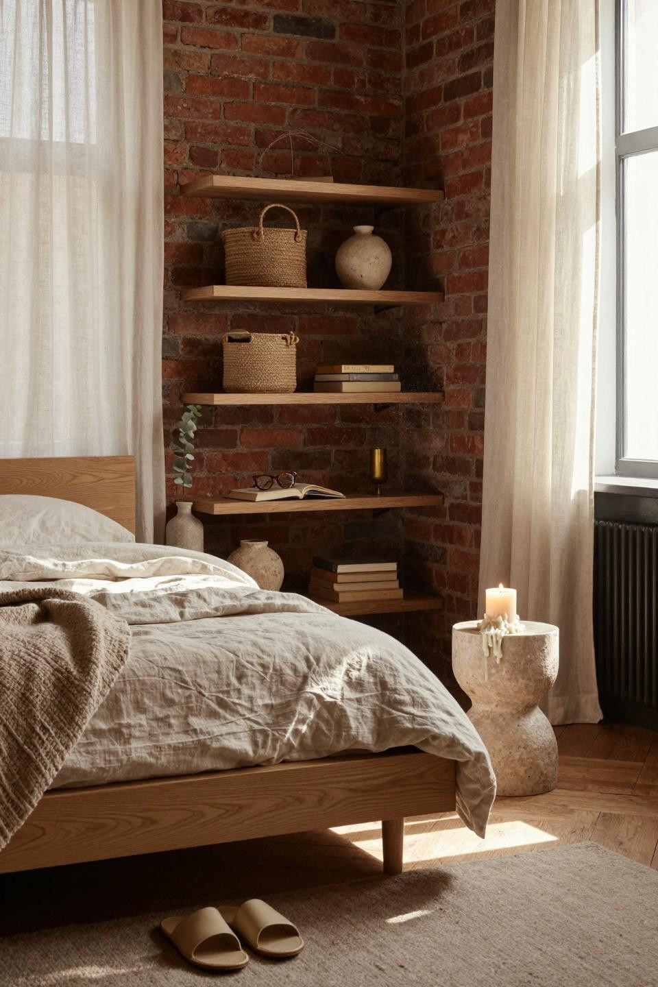 Organic Modern Bedroom guest room with oak shelves