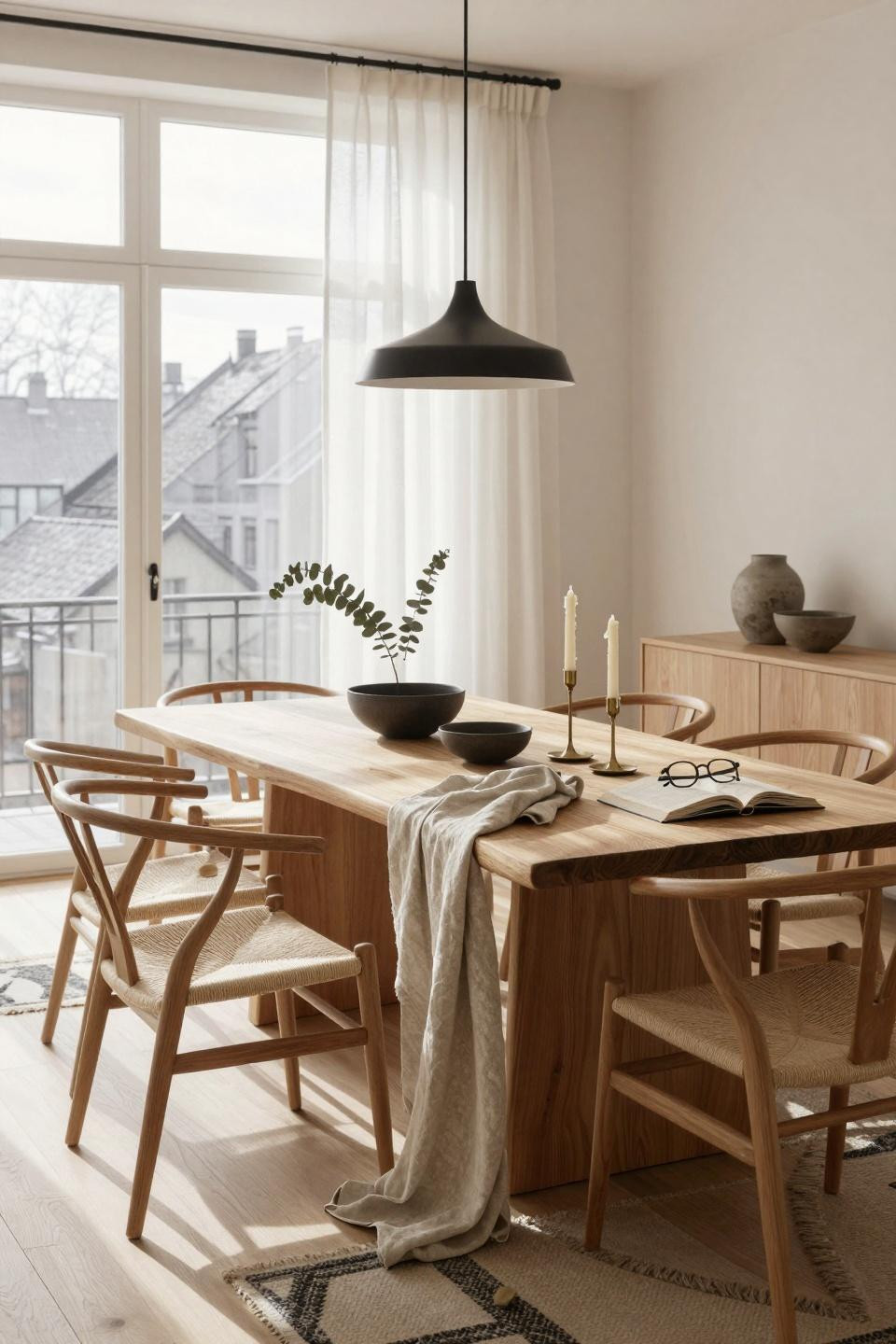 Organic Modern Dining Room featuring pale ash table with Scandinavian minimalism