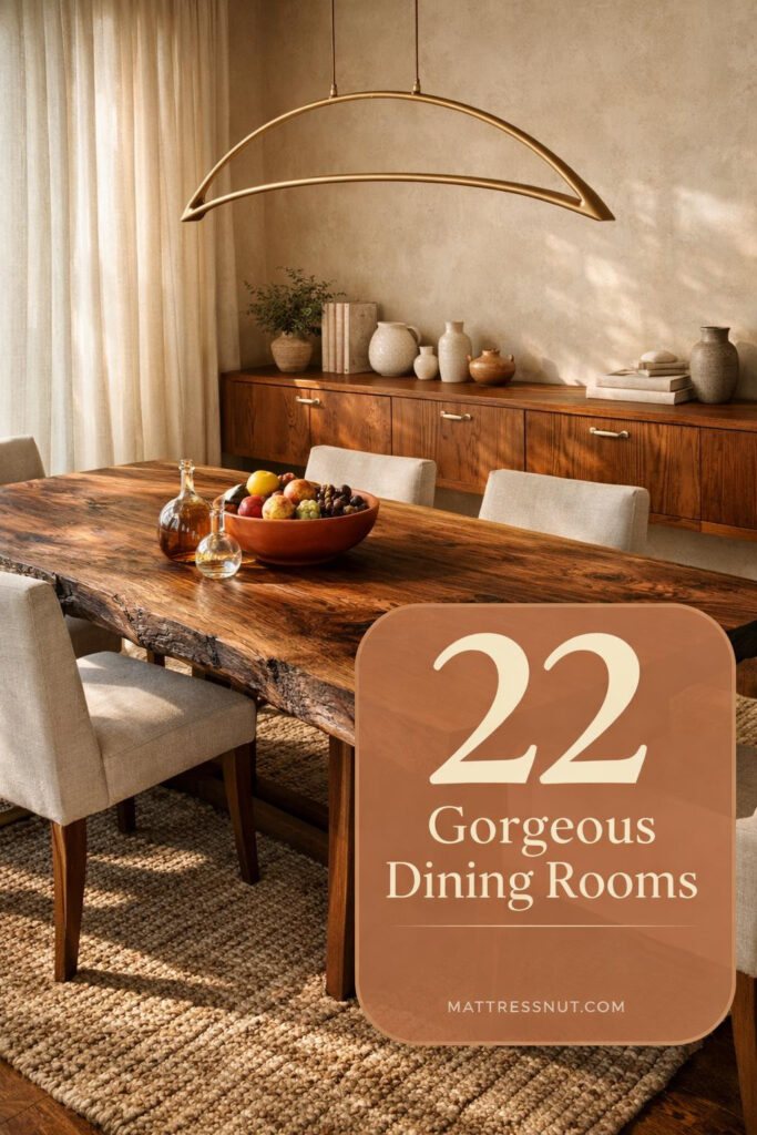 Warm dining space featuring walnut wood table, cream linen chairs, natural light, woven pendant, and minimalist decor